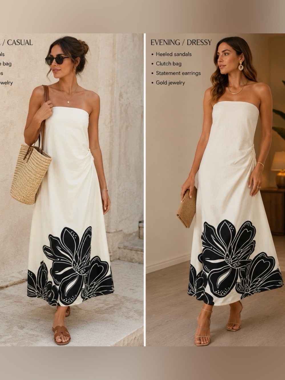 House of Harlow 1960 Cream Strapless Maxi Dress with Black Floral Hem
